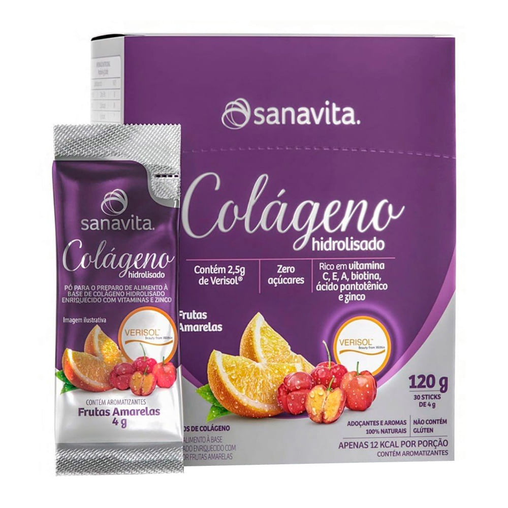 Colágeno Hidrolisado Verisol Sanavita Sabor Frutas Amarelas com 30 Sachês de 4g cada em Oferta na Shopee