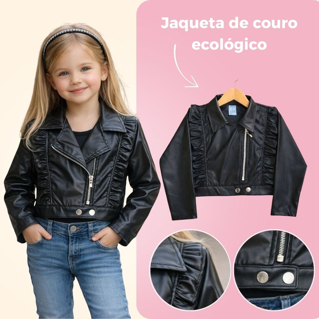 Jaqueta Feminina Infantil em Couro Ecologico com zíper Moderna 2 até 10 anos