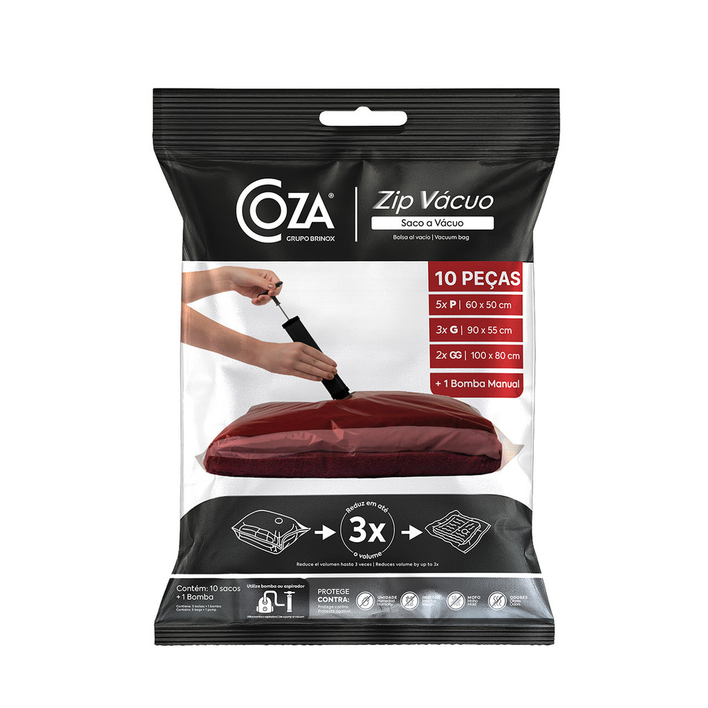 Kit Saco a Vacuo Zip Vacuo P G GG 10 Peças 60x50cm e Bomba Manual Coza