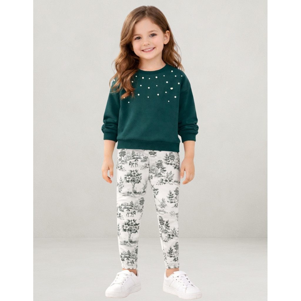 Conjunto Infantil Menina Inverno Blusa Verde Pinheiro Com Perolas e Calça Moletom Milon 2001507