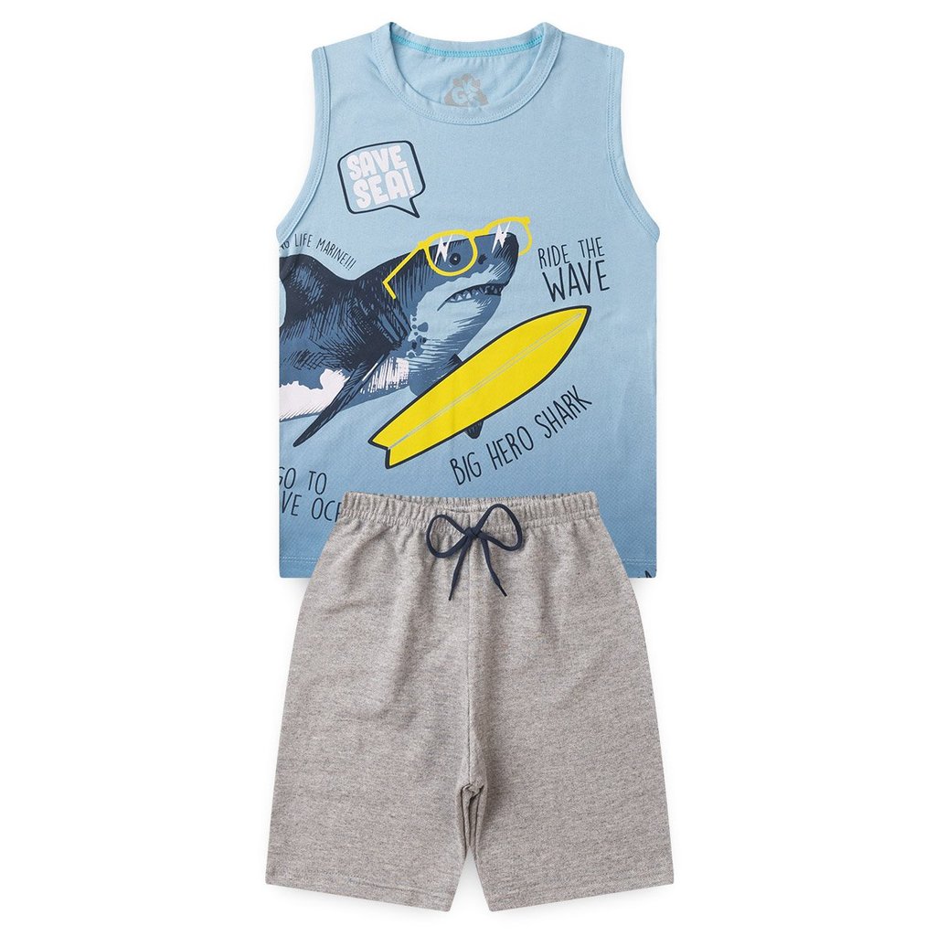 Conjunto Infantil Juvenil de Verão Roupa Menino Regata Meia Malha Tubarão Bermuda Moletinho Com Elástico Confortável