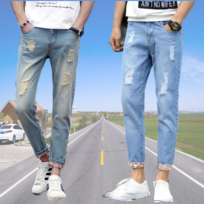 9 pontos Jeans novo estilo tornozelo comprimento rasgado calças masculinas adolescente estudante tornozelo comprimento c