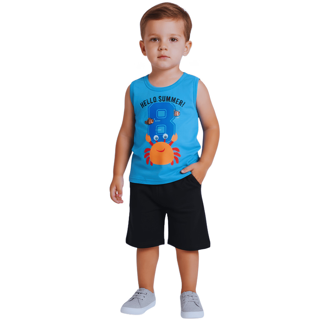 Conjunto Menino Camiseta Regata Azul Claro Com Bermuda Em Moletinho Com Bolso