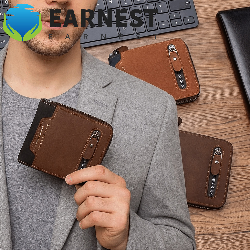Bolsa De Moedas De Couro PU EARNEST , Carteira Curta Masculina Fina Multiposição , Porta-Cartões Multifuncional Com Zípe