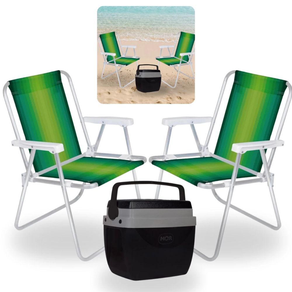 Kit 2 Cadeiras Praia Alumínio Dobráveis Coloridas + Caixa Térmica Cooler 12l Preta Passeio