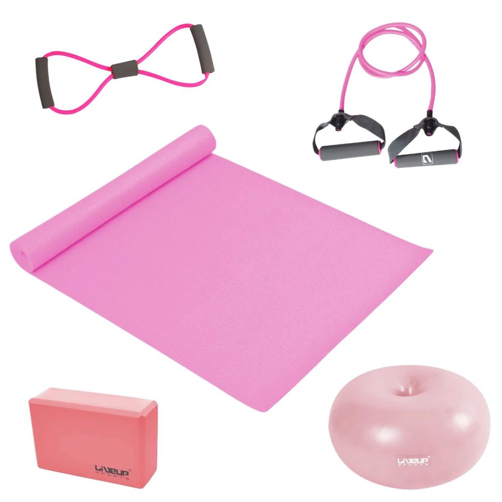 Kit Rosa: Bola Donut 45cm, Colchonete e Bloco de Apoio + Elásticos para Pilates e Funcional
