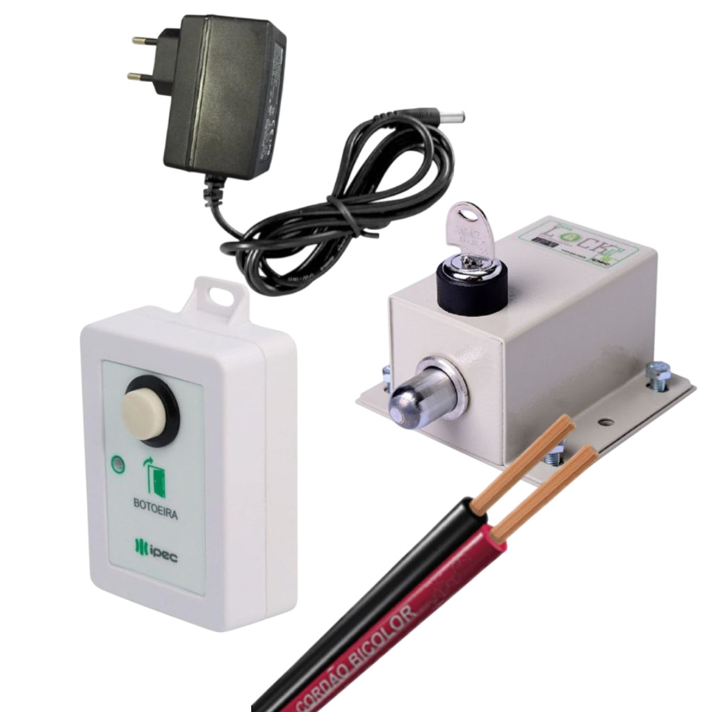 Kit Trava Eletromagnética IPEC + Fonte + Botoeira Sem Fio
