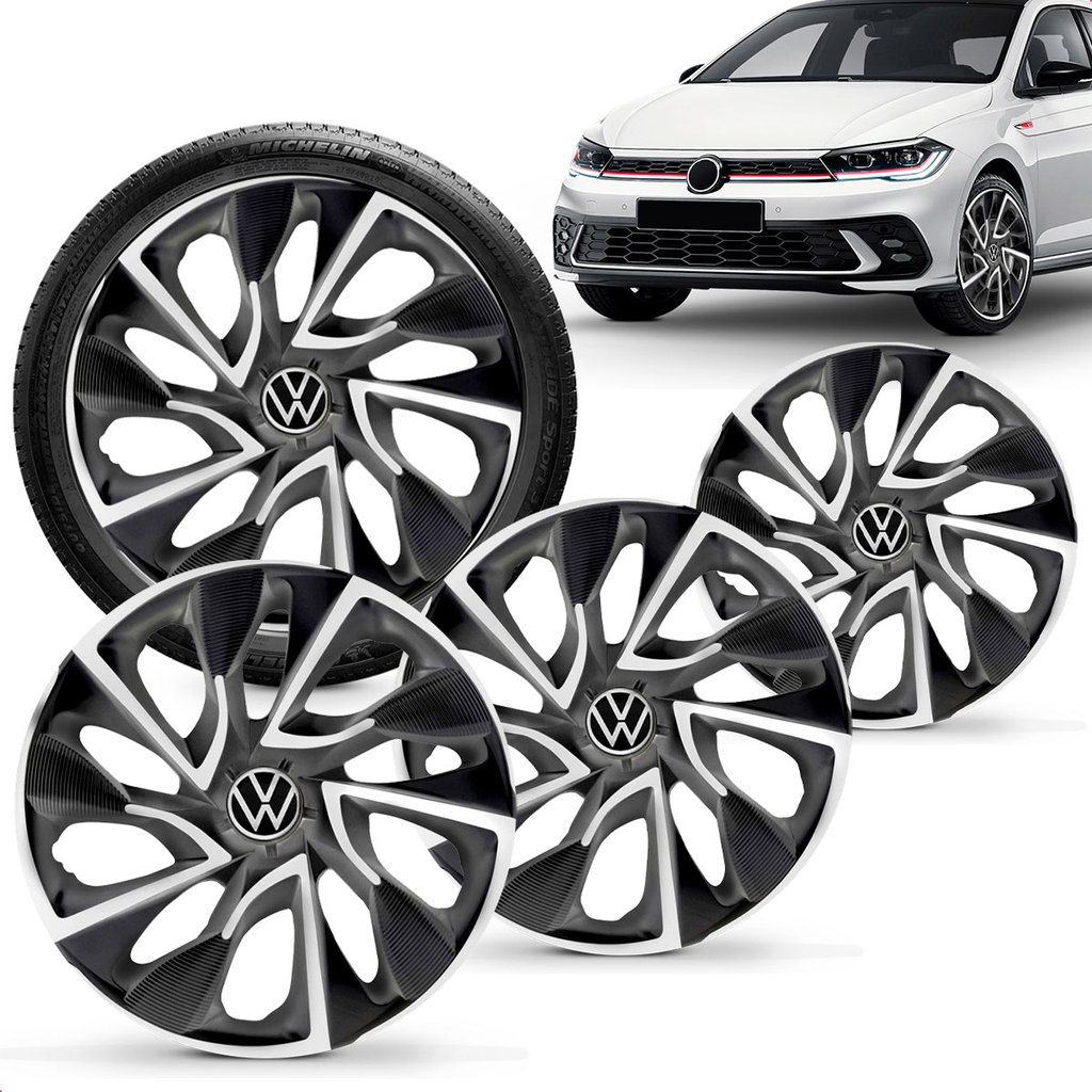 Jogo 4 Calotas Elitte 14" Ds4 Preto Prata Polo Track 2023 a 2025 com Emblema Resinado
