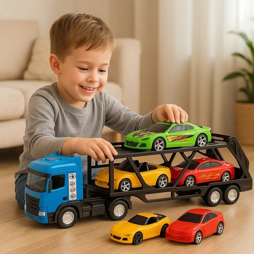 Caminhão Cegonheira Grande 3 Carrinhos Azul Brinquedo Infantil Transporte Veículos Rampa Achadinhos