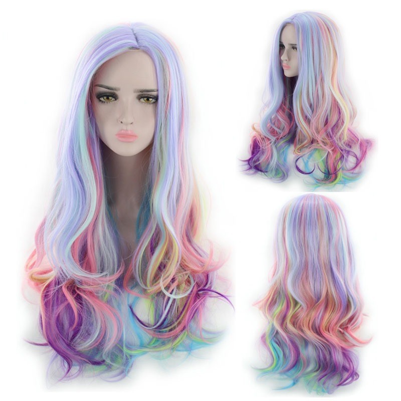 Lolita Lolita Colorido Médio Gradiente Onda Grande cos Anime Peruca Cabelo Longo Encaracolado
