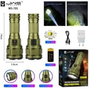 Lanterna Tática JWS | WS-705 | Corpo Verde | 9 Leds XPE | Longo Alcance USB-C
