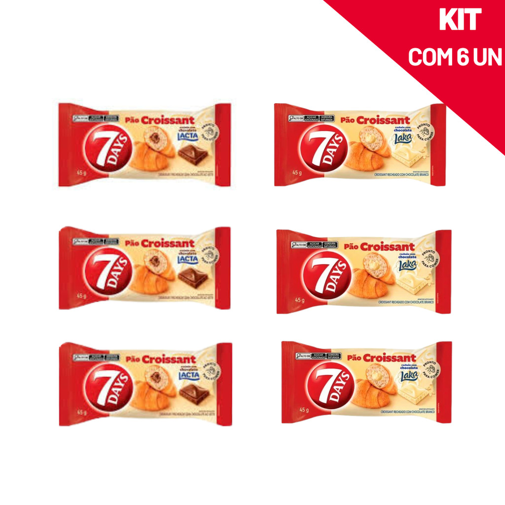 Kit 6 Croissant 7Days Chocolate Branco Laka e Chocolate ao Leite Lacta em Oferta na Shopee