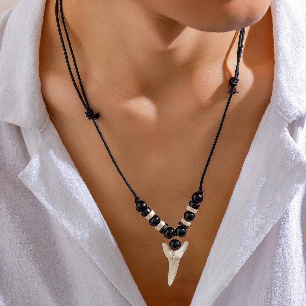 Colar Masculino Personalizável e Ajustável de Contas de Madeira, Imitação de Dentes de Tubarão, Acessório de Colar Mascu