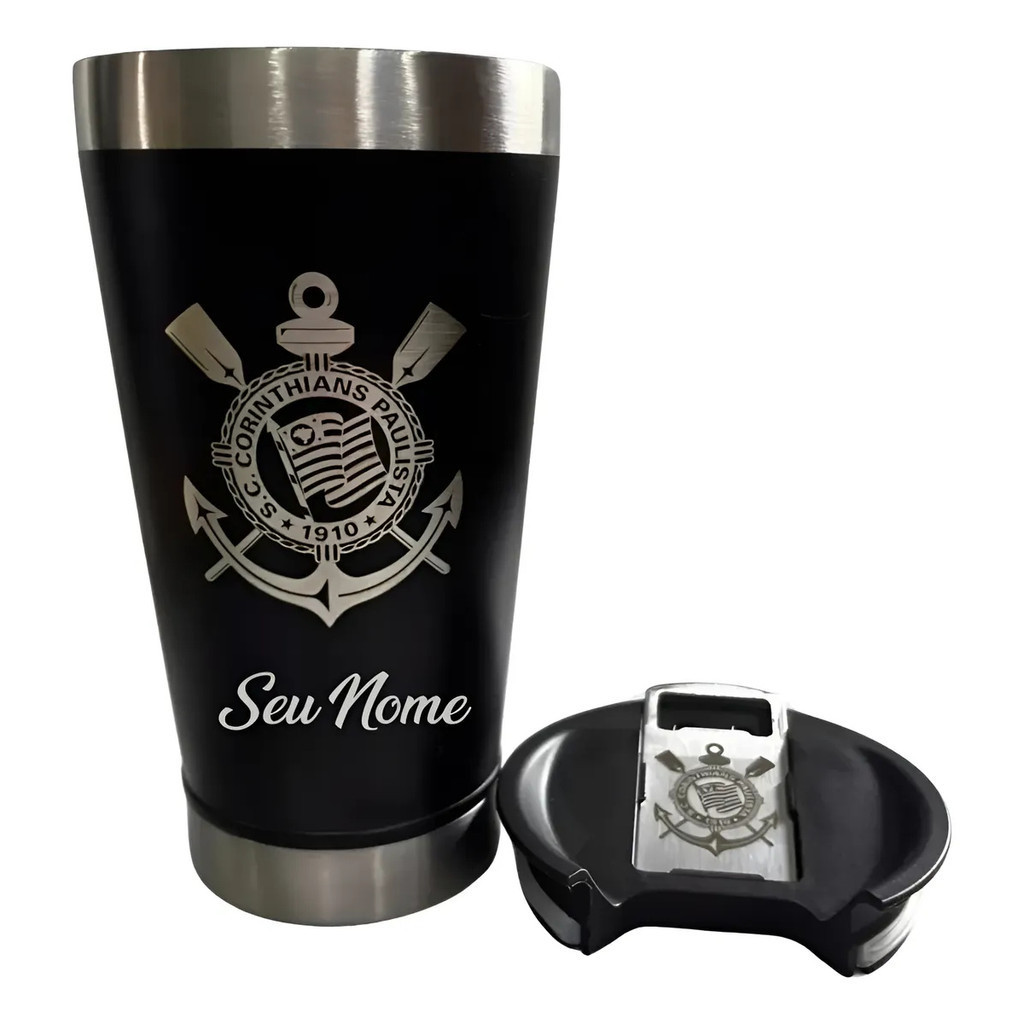 Copo Térmico Corinthians Personalizado a Laser Escudo no Abridor (Abridor c/ personalização)