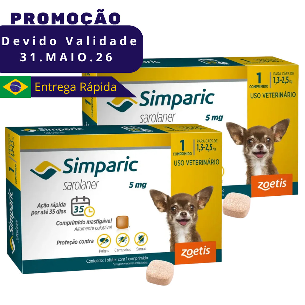 Kit 2 Caixas Simparic Cães 1,3 A 2,5 kg 1 Comprimido VENC 31.MAIO.26 Antipulgas Carrapatos Sarna em Oferta na Shopee