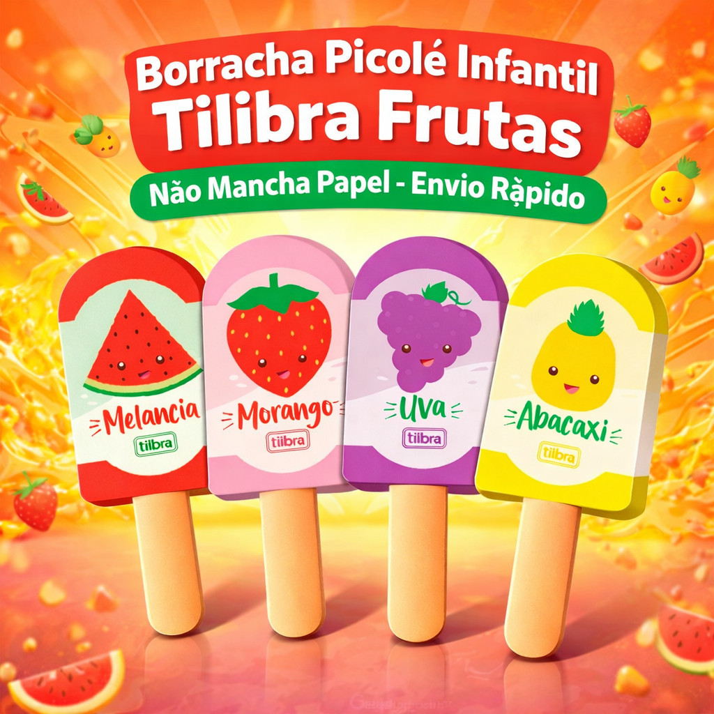Borracha Picolé Infantil Tilibra Frutas Escolar Macia Apagar Lápis Não Mancha Papel Envio Rápido