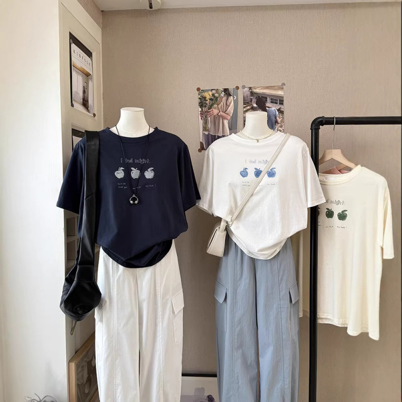 [Em Estoque] Camiseta Feminina com Estampa de Frutas e Letras, Estilo Coreano Casual, Corte Solto, Efeito Emagrecedor, B