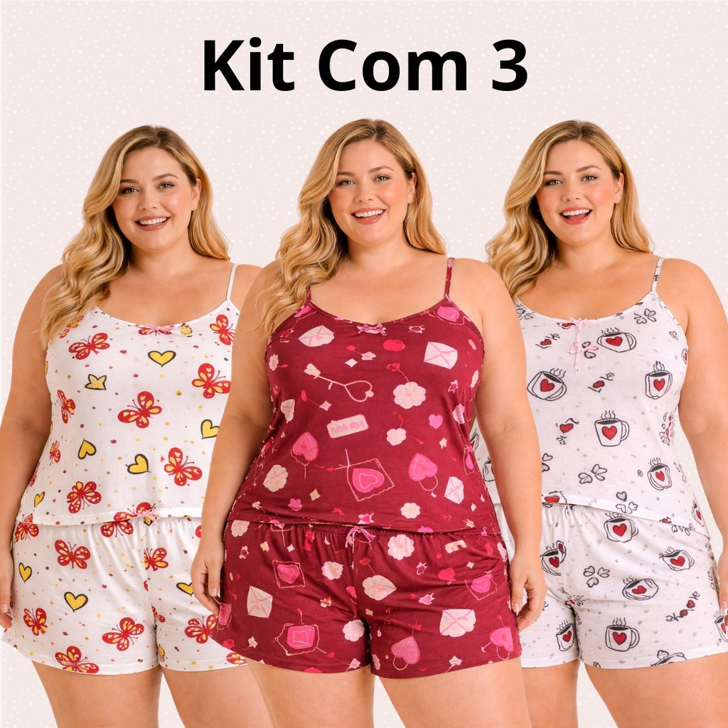 Kit 3 Baby Doll Plus Size G1 G2 G3 Microfibra Estampada – Short e Blusa de Alcinhas Confortável
