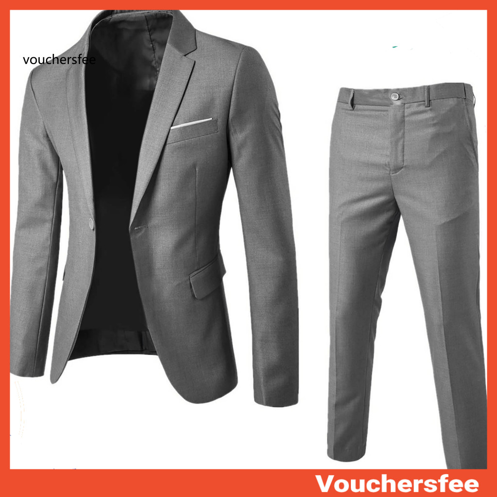 [VOU] 1 Conjunto Masculino Blazer Calças Cor Sólida Manga Longa Fino Ajuste Turndown Colarinho Temperamento Um Botão Bol