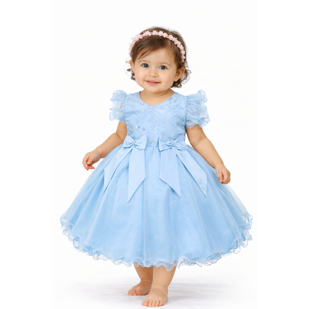 Vestido Infantil Festa Azul Bebê Luxo Princesa com Tule Rodado e Laço nas Costas