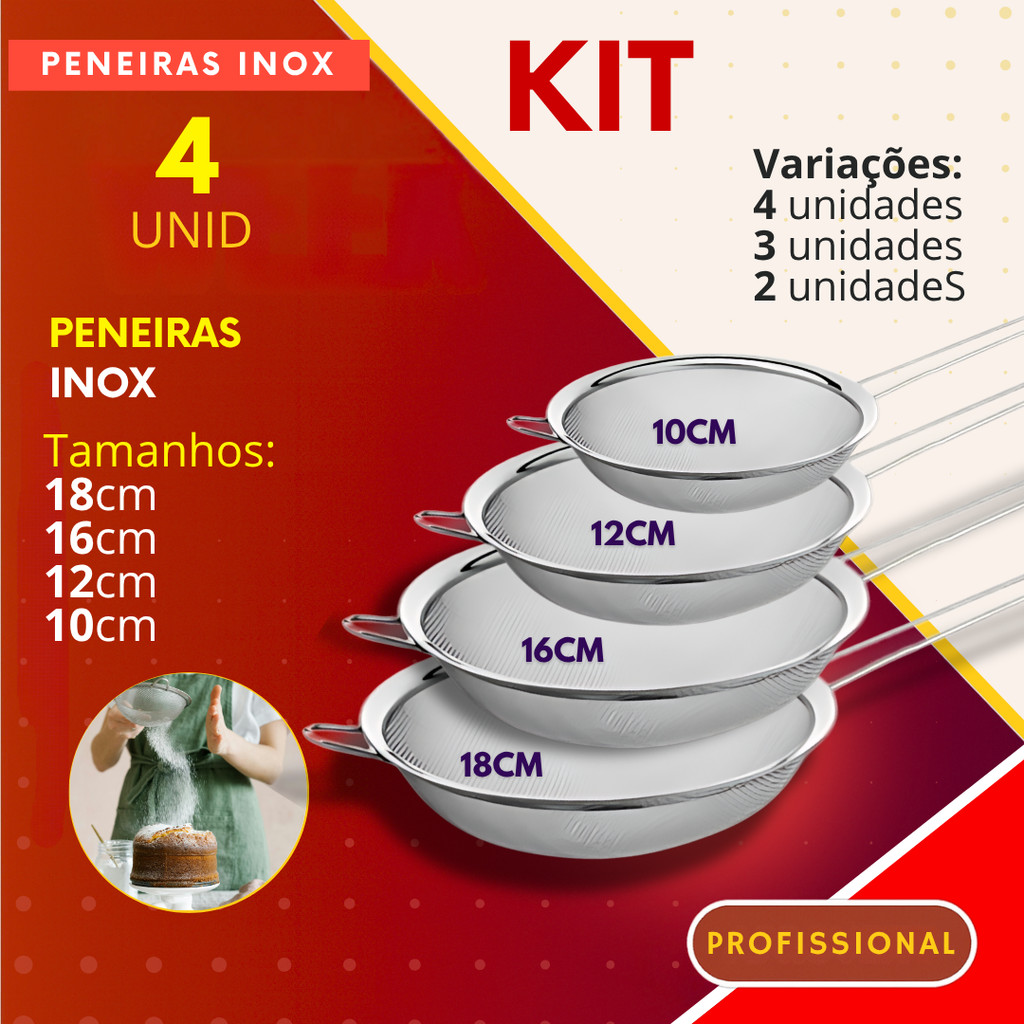 Kit 4- 3- 2 Peneiras de Aço Inox para Cozinha Confeitaria Ideal para Bolos Pães Escorrer Macarrão