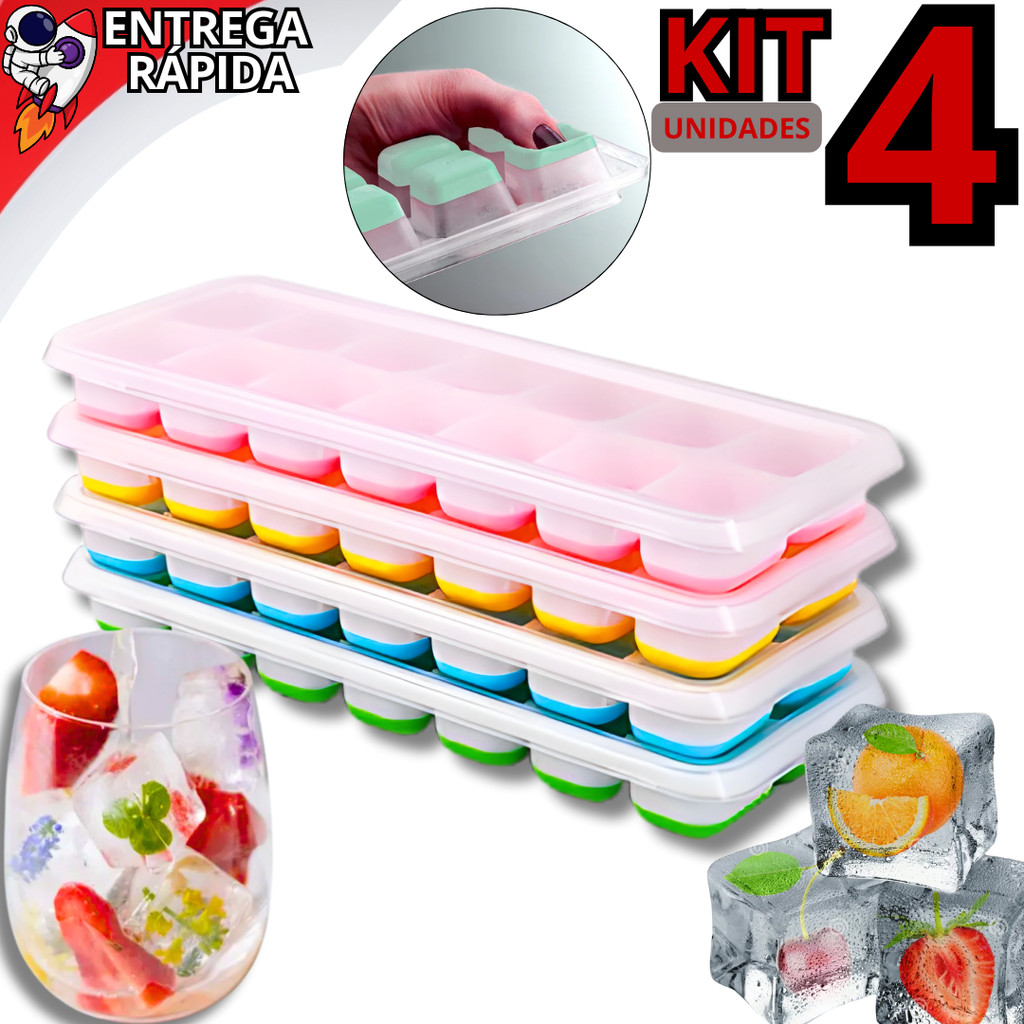 Kit 4 Formas de Gelo Silicone com Tampa Flexível Reutilizável