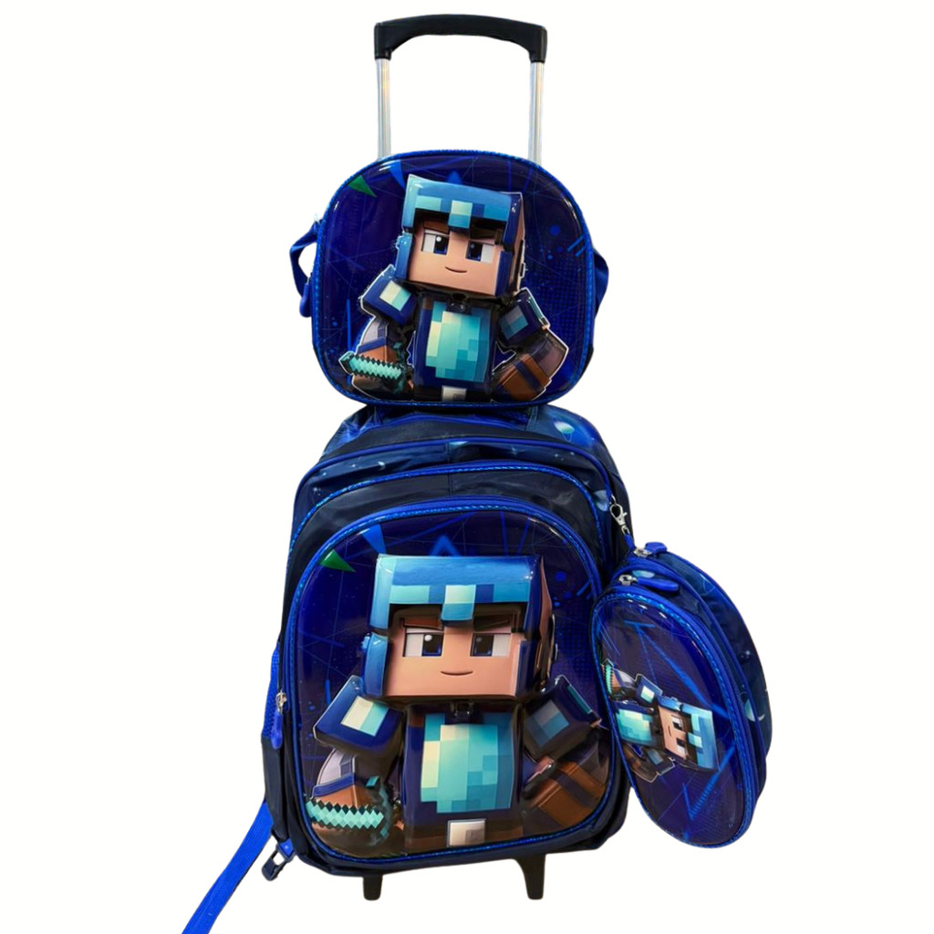 Kit mochila carrinho estojo lancheira minecraft super azul