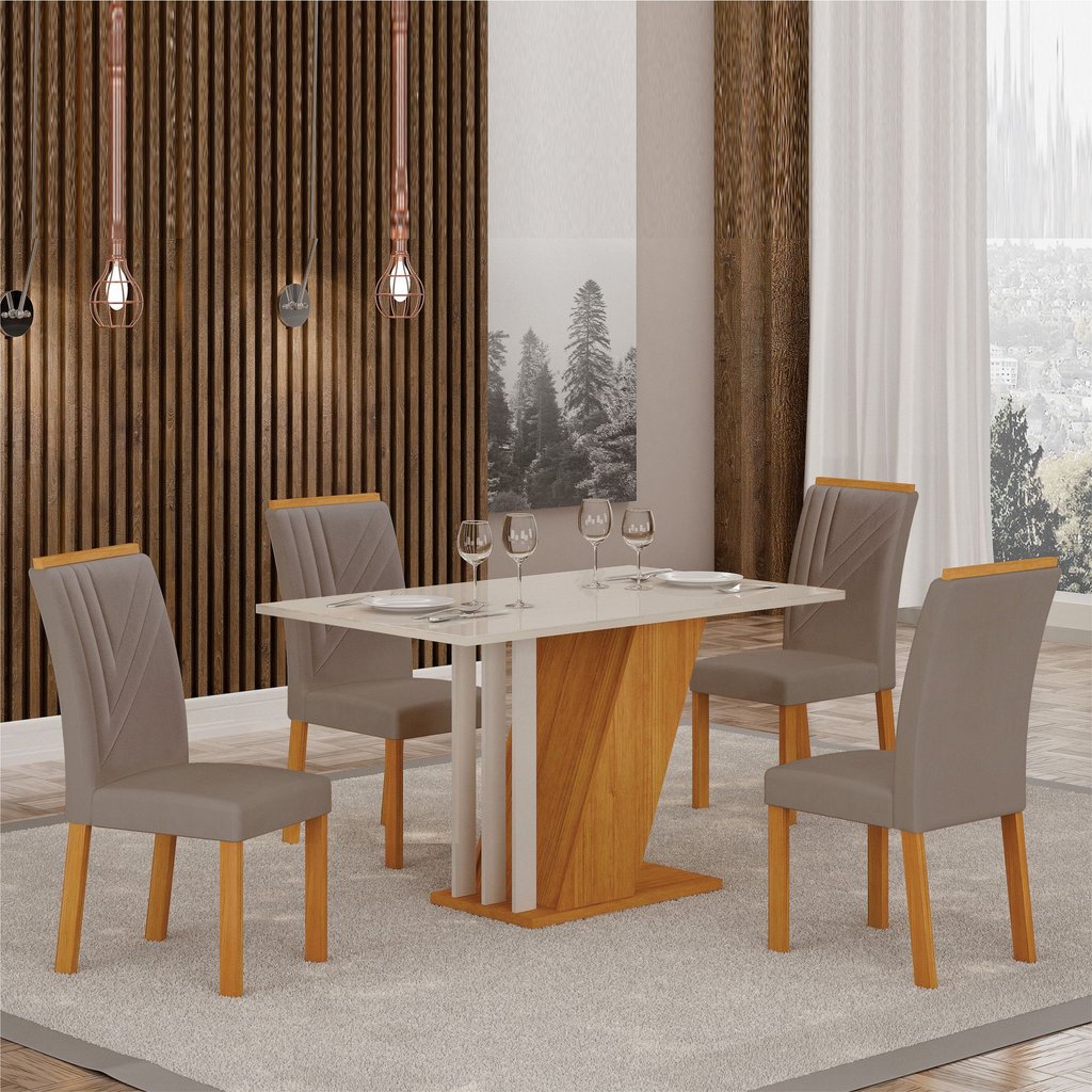 Conjunto Sala de Jantar Mesa com 4 Cadeiras Miami Yescasa Bege/Off White/Freijó em Oferta na Shopee