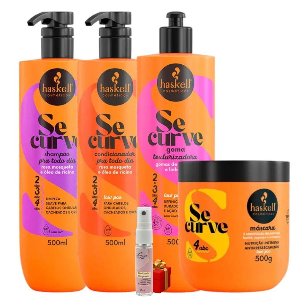 Kit Se Curve Shampoo + Cond + Goma Texturizadora + Máscara 3 Manteigas 500ml Haskell + Presente Lourre 15ml