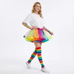 Kit Conjunto Luva/Meia/Saia Tule Arco-Íris Adulto-Tule Colorido 40cm para Festas e Carnaval