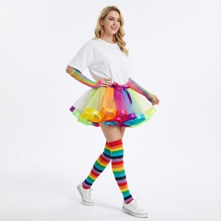 Kit Conjunto Luva/Meia/Saia Tule Arco-Íris Adulto-Tule Colorido 40cm para Festas e Carnav…