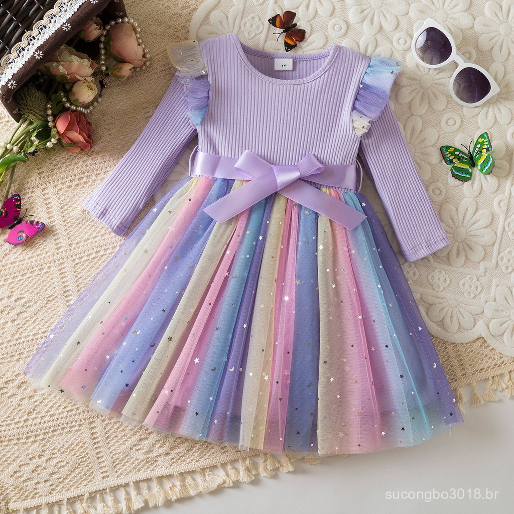 WFRVbebê menina outono inverno 1st aniversário festa princesa vestido arco-íris véu brilhante manga longa vestido casual