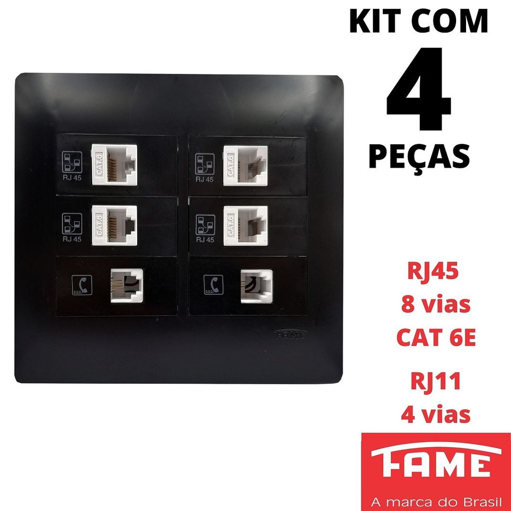 4un Tomada Voz e Dados RJ11 4 Vias Dupla RJ45 CAT 6E 8 Vias Quadrupla Dupla 4X4 Com Placa Habitat Black Preto FAME