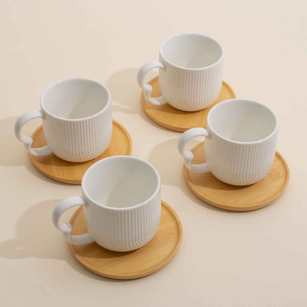 Jogo Com 4 Xícaras Para Café Branco Com Pires De Bambu 190ml  -