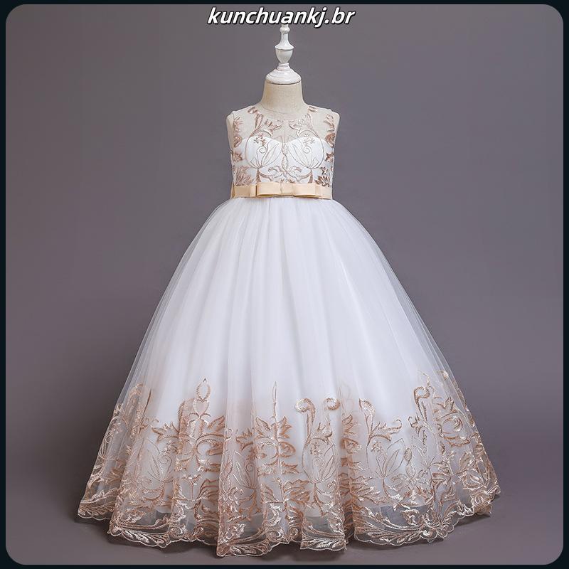 Estilo vestido infantil arco vestido de princesa longo renda desempenho vestido meninas vestido desempenho roupas
