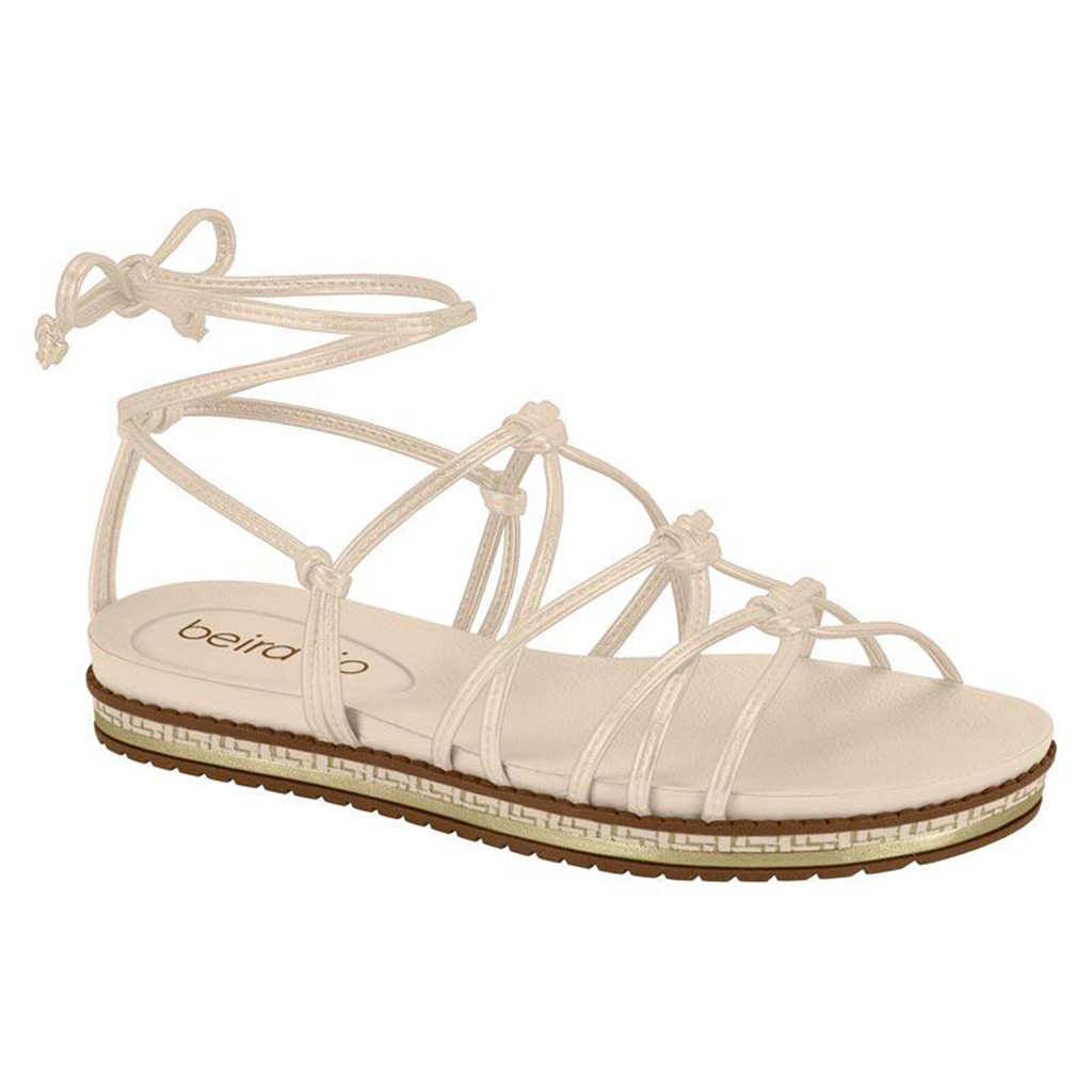 Sandália Beira Rio Flatform Off White Preta Amarração na Perna Amarrar Corda Papete Casual 