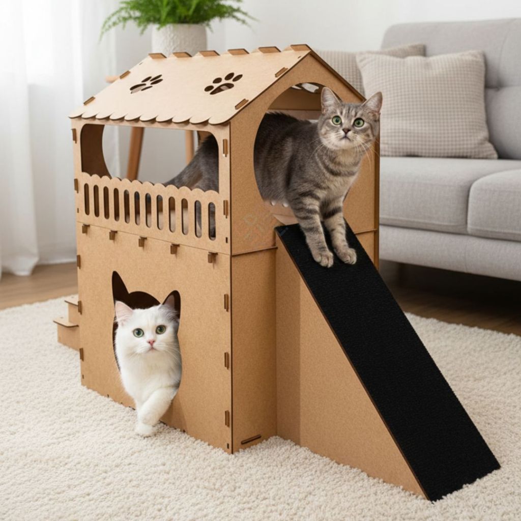 Casinha Para Gato Com Dois Andares Rampa Antiderrapante E Escada