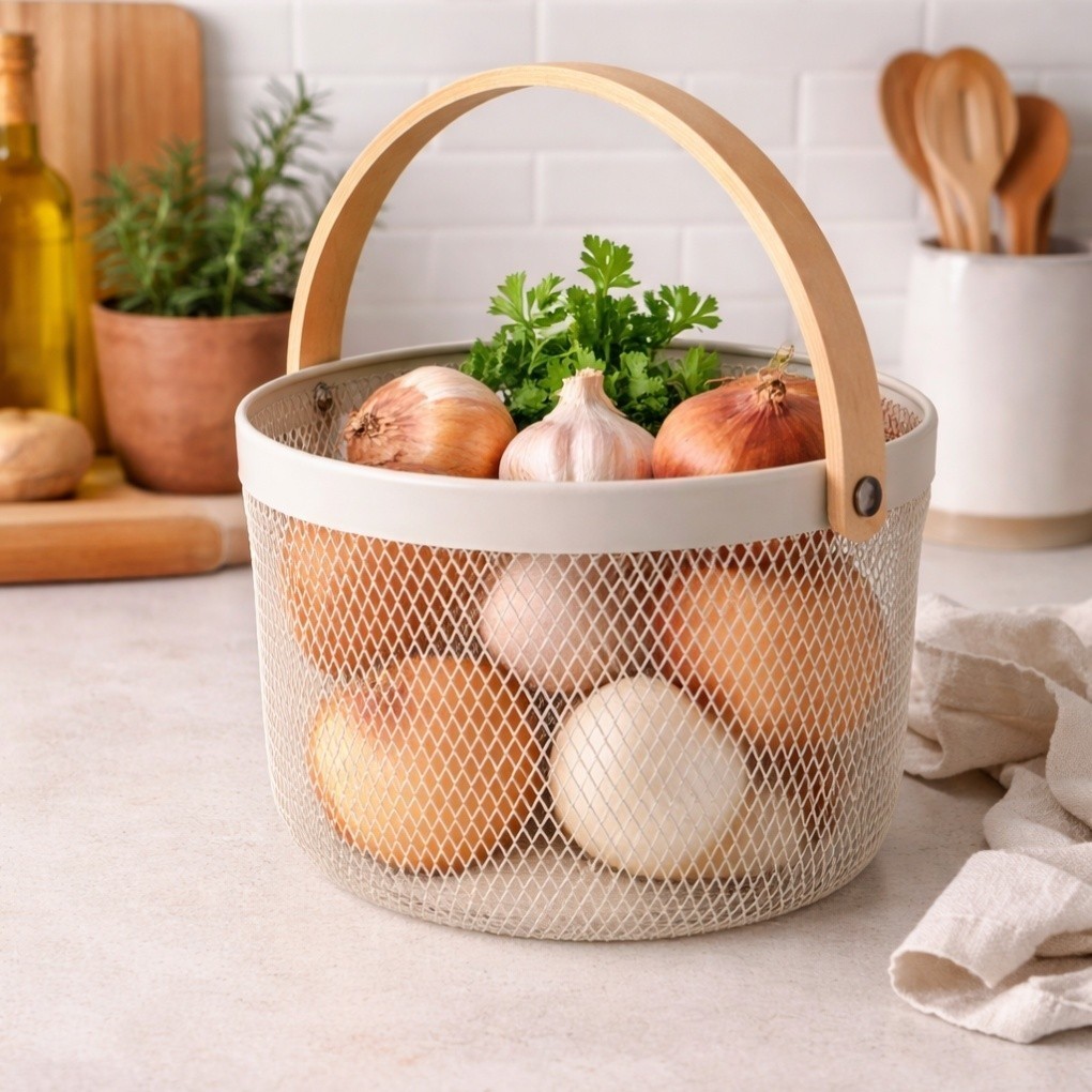 Cesto de Armazenamento Redondo em Metal Aramado com Alça de Madeira | Fruteira para Cozinha, Piquenique e Organização em Oferta na Shopee