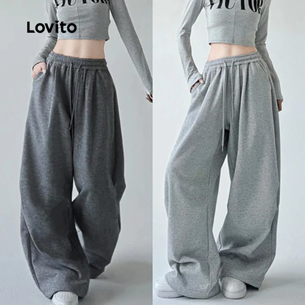 Lovito Calça Casual Lazer Relaxamento Primavera/verão Cinza para Mulheres L170ED149 em Oferta na Shopee