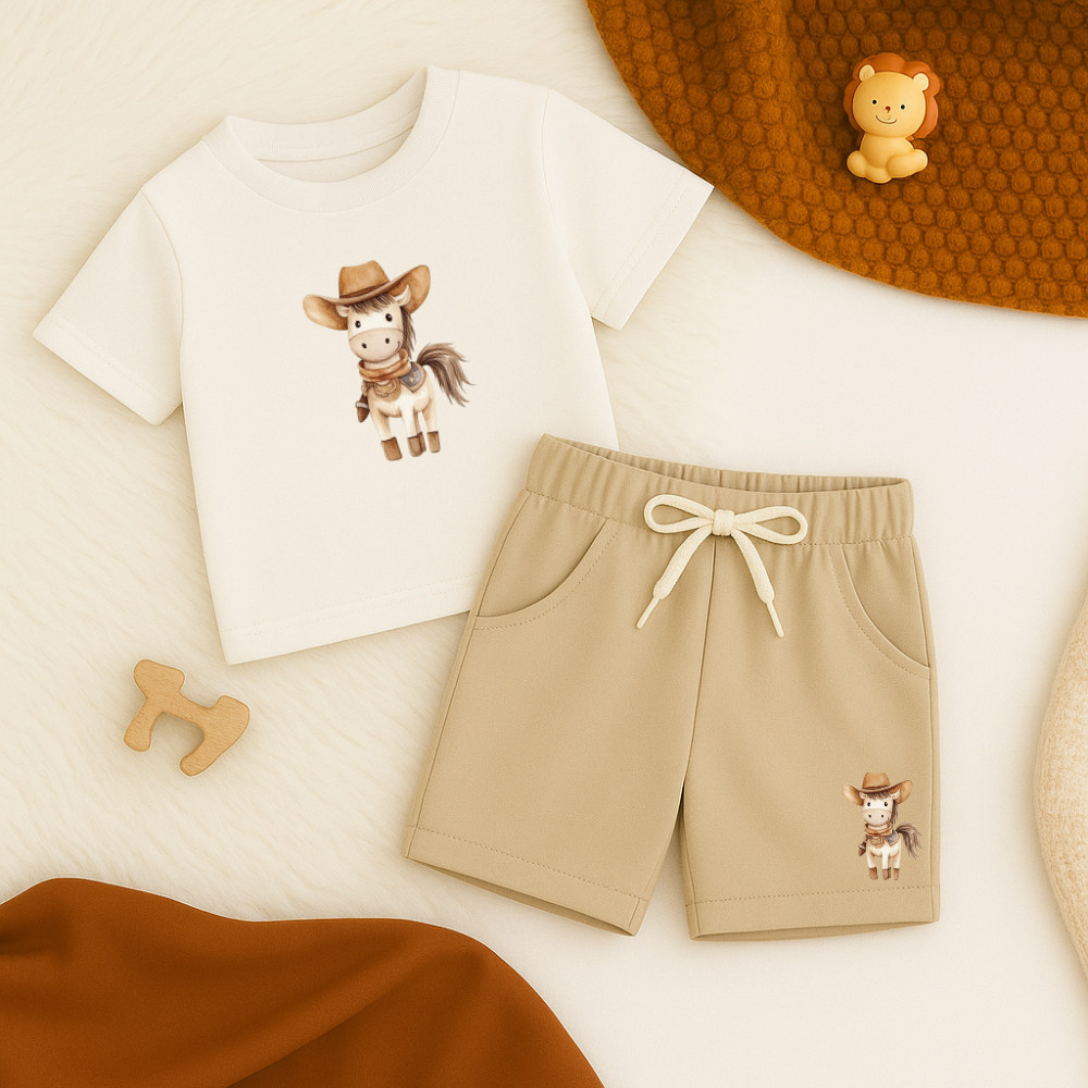 Conjunto Infantil Masculino Camiseta Algodão + Short Moletinho Estampado Cavalo Fazendeiro 954 Kit