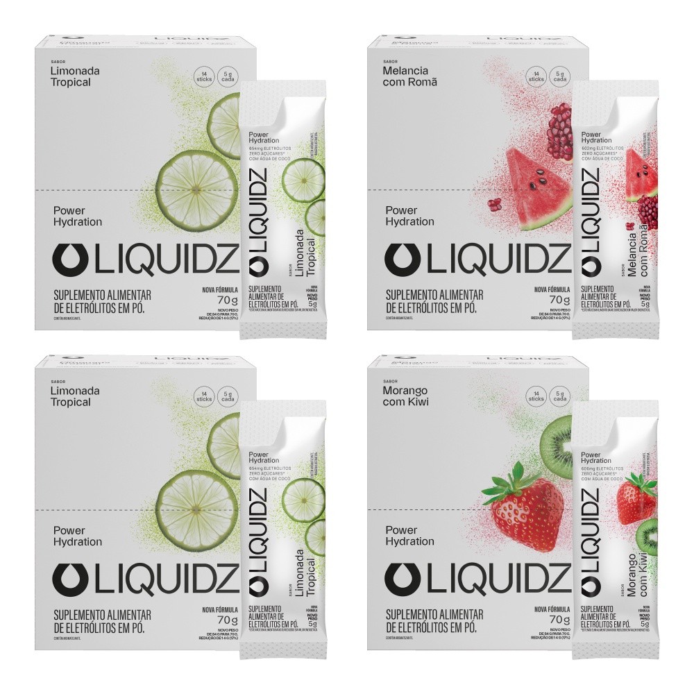 LIQUIDZ® - Eletrólitos Zero Açúcares - 3 Sabores - Kit 4 Caixas - 56 sachês