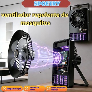 Ventilador Portátil SPOETRY 2 em 1 Mata Mosquito Elétrico Luz UV 5 Velocidades Recarregável Parede e Mesa