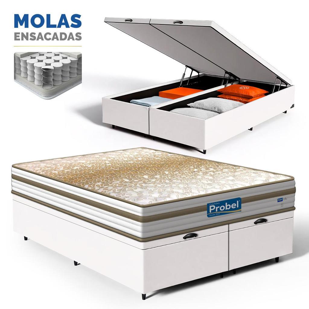 Cama Box Baú com Colchão de Molas Ensacadas Double Face Pillow Euro Alfa Probel Queen 158cm