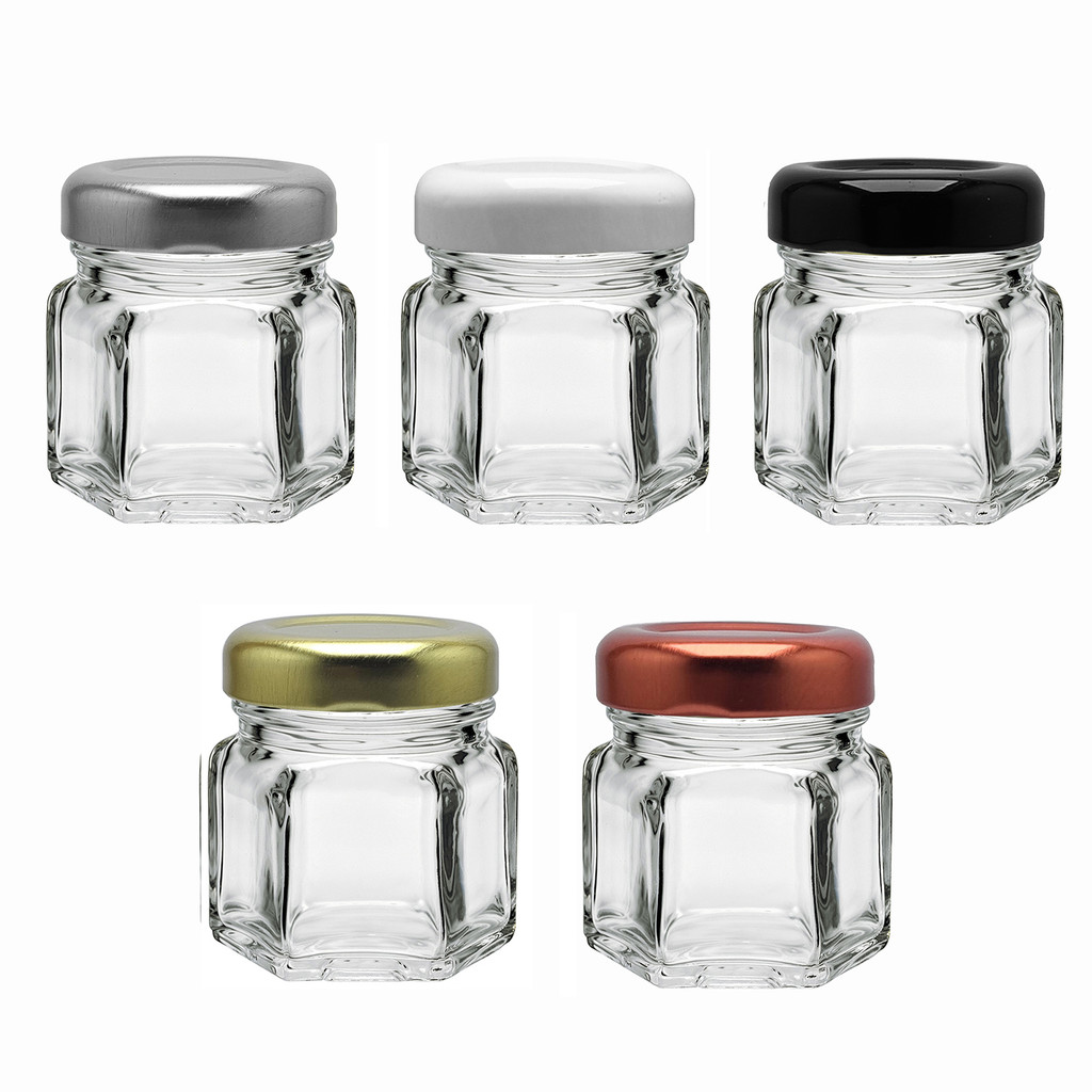 25 potes de Vidro mini geleia brigadeiro de 40 ml sextavado geleinha tampa metal