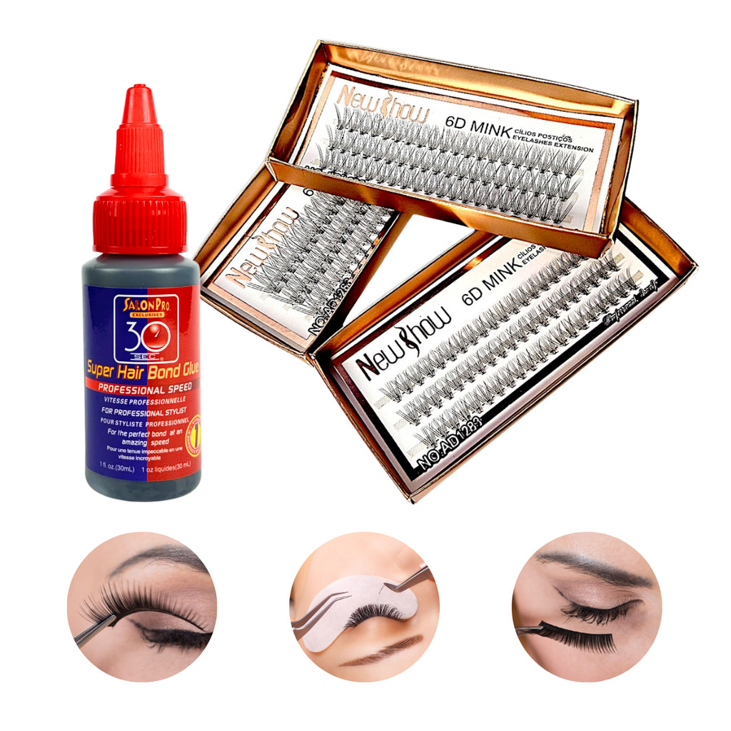 Salon Pro 30s Cola 30ml + Cílios postiços 6D MINK NEW SHOW - Tufos Sem nó em Oferta na Shopee