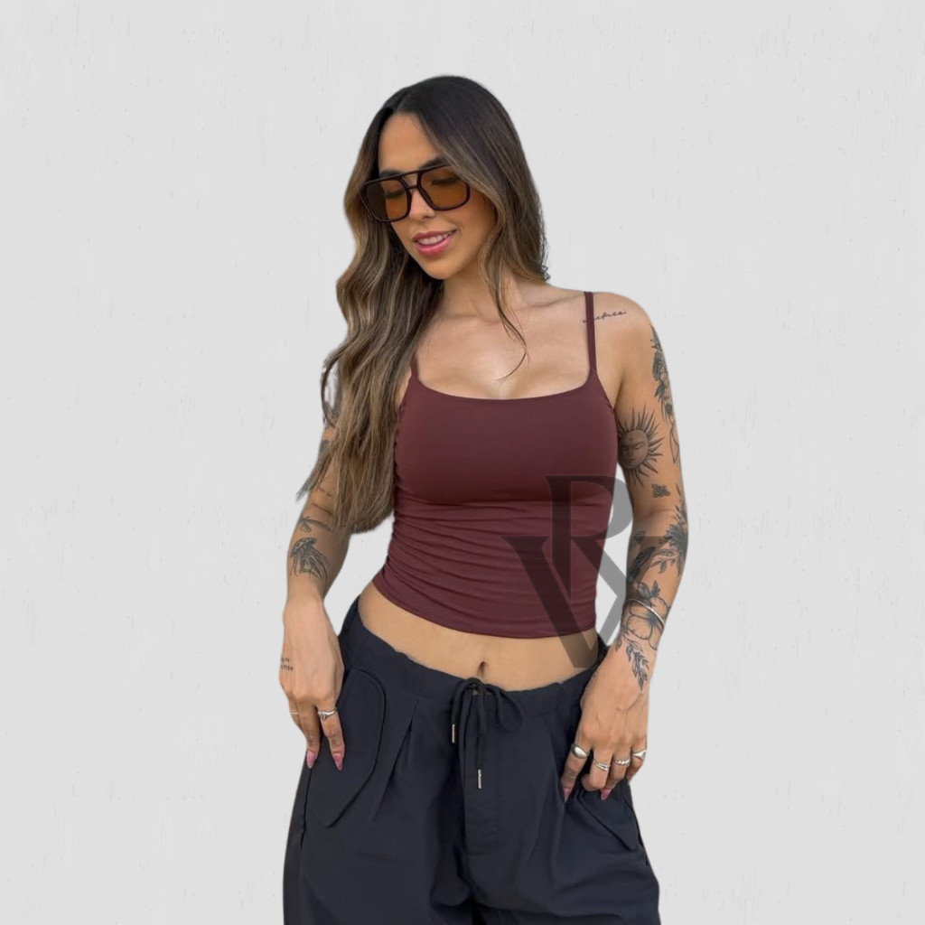 Regata De Alcinha Cropped Tube Feminino Básico Suplex Marrom Azul em Oferta na Shopee