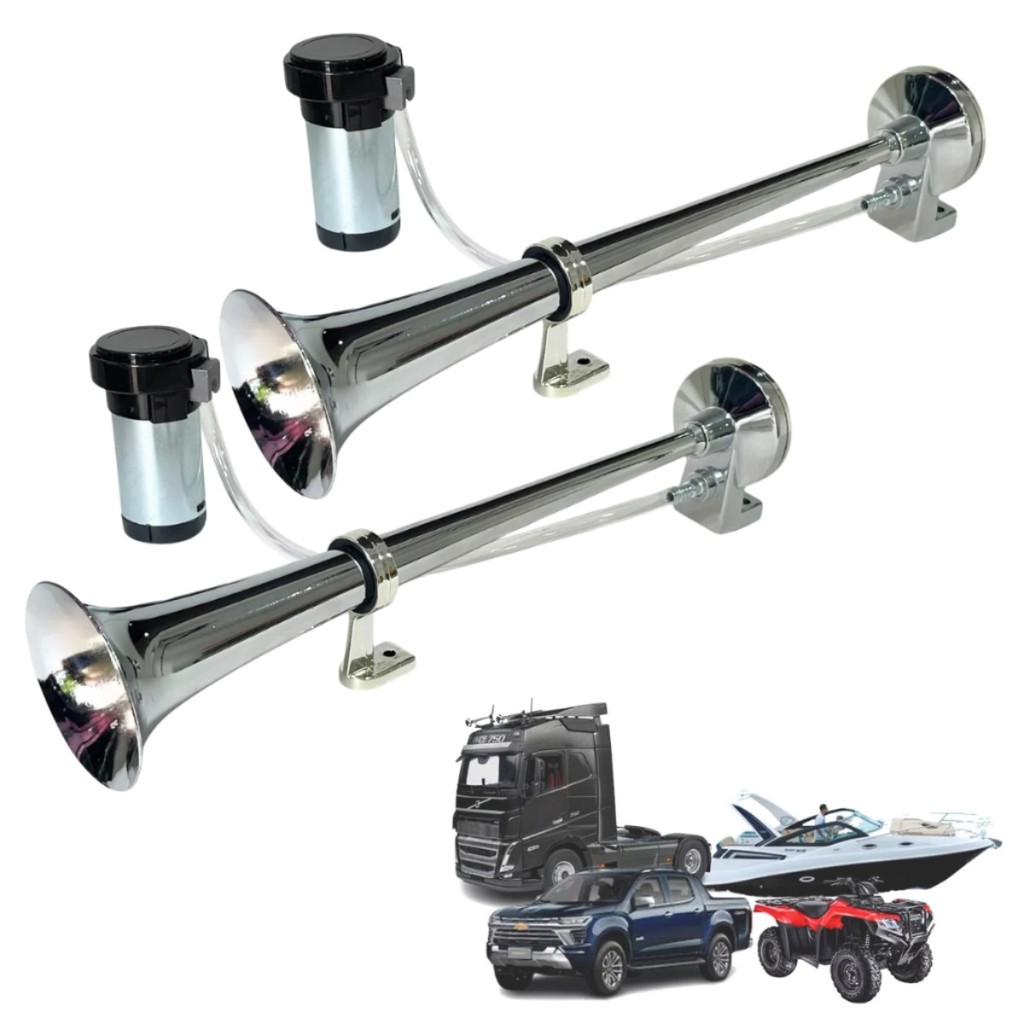 Par de Buzinas Cromadas 45cm Marítima Caminhão/Carro 12V com Compressor em Oferta na Shopee