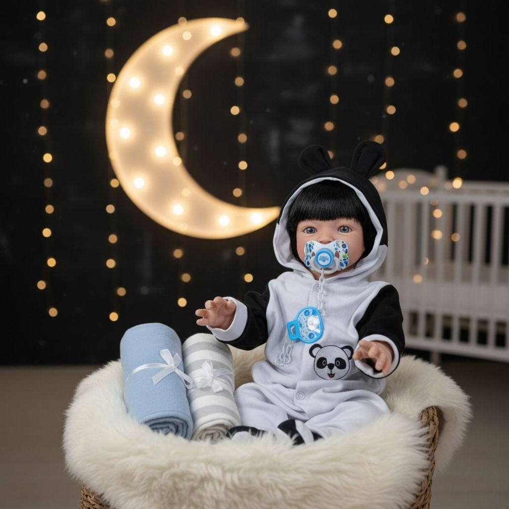 Bebe Reborn Menino 100% Silicone Boneco Original Panda Cabelos Pretos Olhos Azuis Mamãe Reborn em Oferta na Shopee
