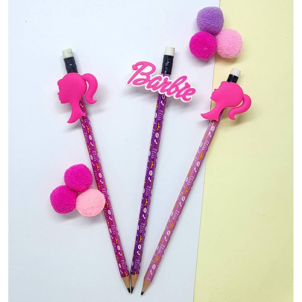 Lápis da Barbie com aplique emborrachado 3 peças lapis de escrever perfumado Barbi material escolar papelaria