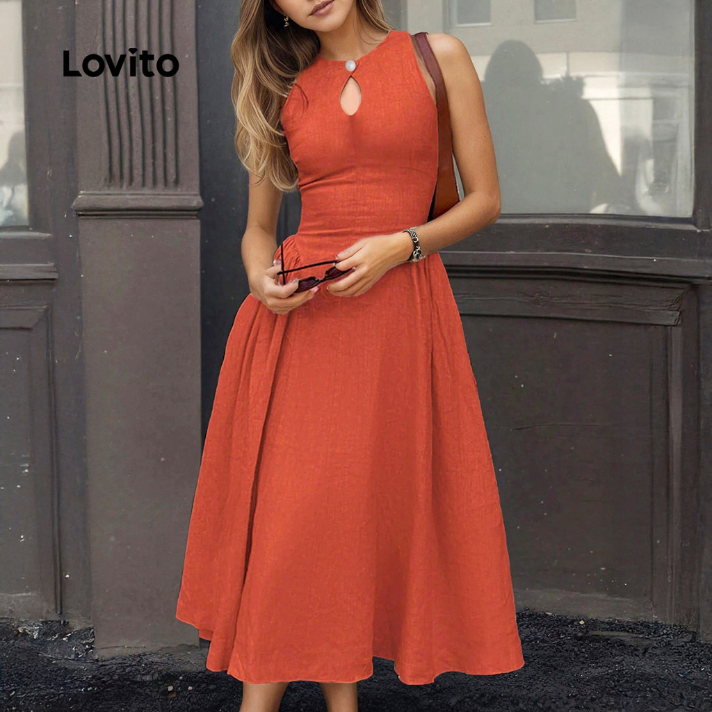 Lovito Vestido de Festa de Natal Casual Feminino com Recorte Primavera/Verão Laranja LK2LD427